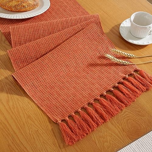 Laolitou Rustic Fall Table Runner with Tassels, Boho Farmhouse Thanksgiving Table Runners 72 Inches Long for Holiday Party, Wedding and Dining Table Decor, 13x72 Inches, Orange