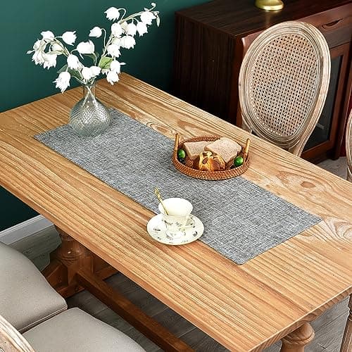 Farmhouse Rustic Faux Linen Table Runner Neutral Grey Table Runners Double Layer Reversible Rectangle Runners for Daily Use Kitchen Dining Banquet Holiday 13x36 Inch