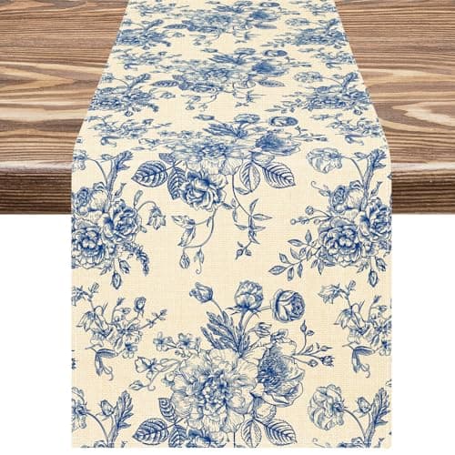 Floral Runner Blue Flower Table Decoration Chinoiserie Rectangle Decorative Table Cover for Indoor Outdoor Home Decor Party Supplies, 13 x 72 Inch