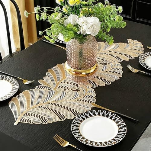 FAVE Heat Resistant Washable Table Runner 36 Inches Vinyl Golden Table Runner for Wedding, Party, Holiday Dining & Restaurant Decor, Easy Clean & Non-Scratch( Golden Leaf Shaped)