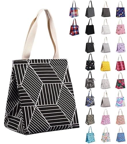 iknoe Insulated Lunch Bag for Women & Adults, 9L Foldable Wide-Open Cooler Bag with Pockets, Leakproof & Portable, for Picnic, Office, Beach, Black Rhombus
