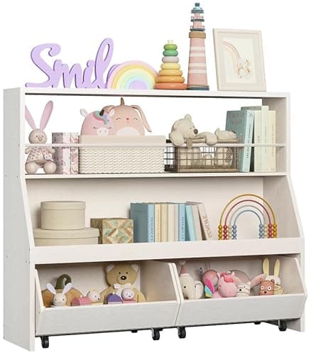 IRONCK Toy Storage Organizer, Kids Bookshelf with 2 Movable Cubby Drawers, Top Toy Storage with Crossbar, Storage Cabinet for Nursery, Playroom, White