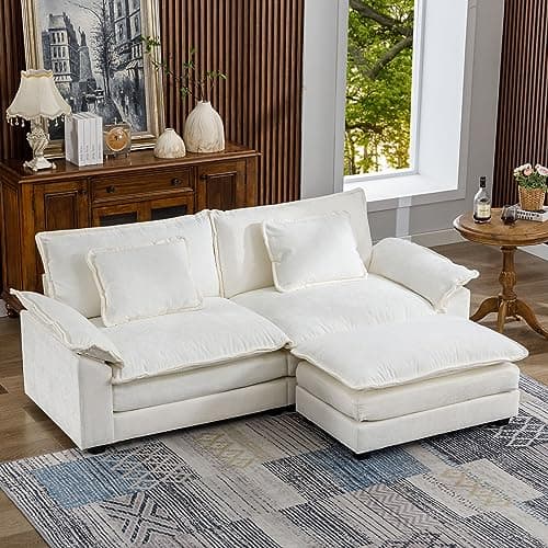 85.8" Modern Sectional Sofa Cloud Couch for Living Room, Chenille Fabric Double-Upholstered Comfy Sleeper Sofa, Wide Loveseat Couches with Moveable Ottoman for Bedroom, Apartment, Office