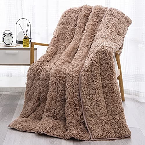 Wemore Shaggy Long Fur Faux Fur Weighted Blanket,Cozy and Fluffy Plush Sherpa Long Hair Blanket for Adult 15lbs,Fluffy Fuzzy Sherpa Reverse Heavy Blanket for Bed,Couch, Brown 60 x 80 Inches